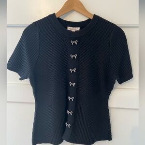 Nanette Lepore Black Tight-Knit Bow Button Sweater Short Sleeve M NWT